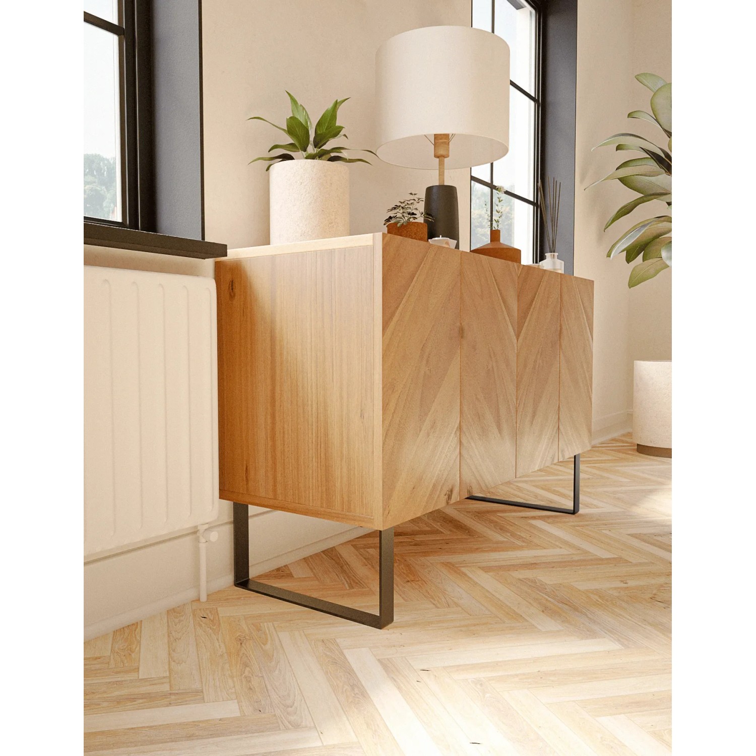 HEVVA Möbelfüße LUXEMBURG, 2er Set, schwarz, 20 cm hoch, 35 cm tief, unter Sideboard montiert.
