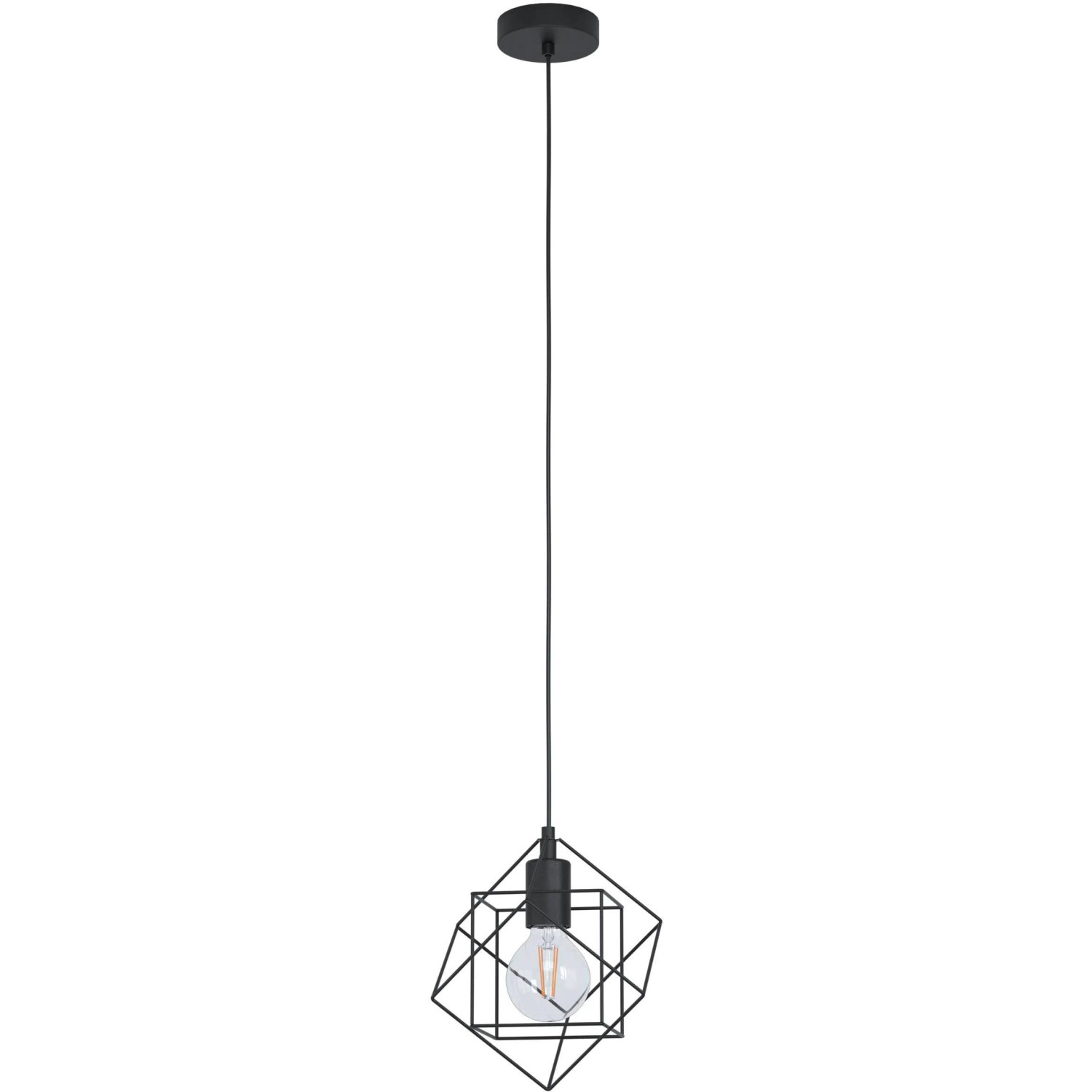 Schwarze Eglo Hängeleuchte Straiton mit Drahtgestell im Vintage Design. Pendelleuchte für E27 Leuchtmittel.