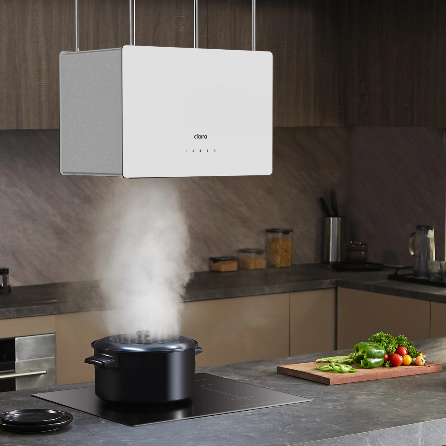 CIARRA Insel-Dunstabzugshaube VM4850S mit WIFI und Touch-Bedienung über Kochfeld mit Dampf.