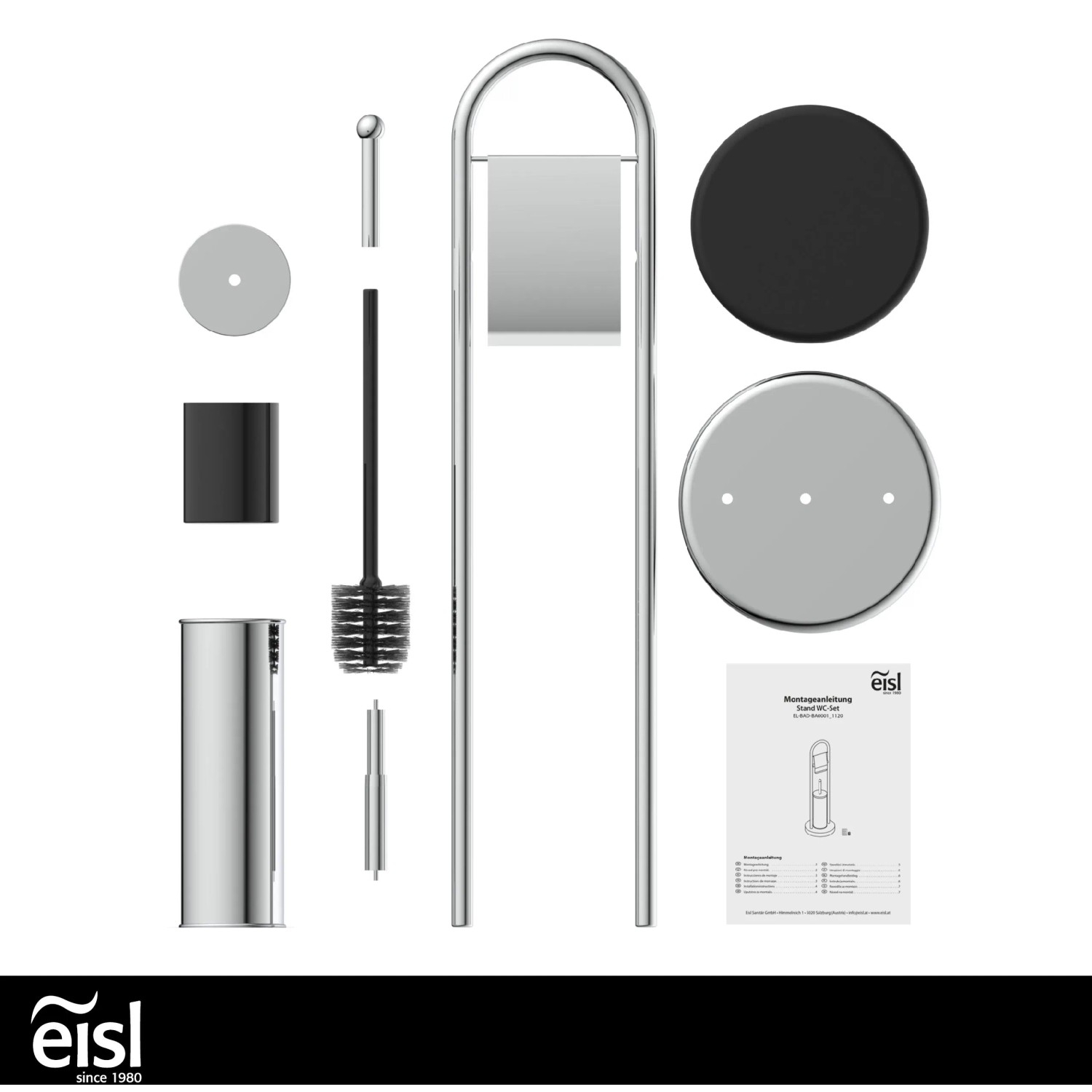 Eisl Stand WC-Set Chrom, freistehend mit Toilettenpapierhalter und WC-Bürste.