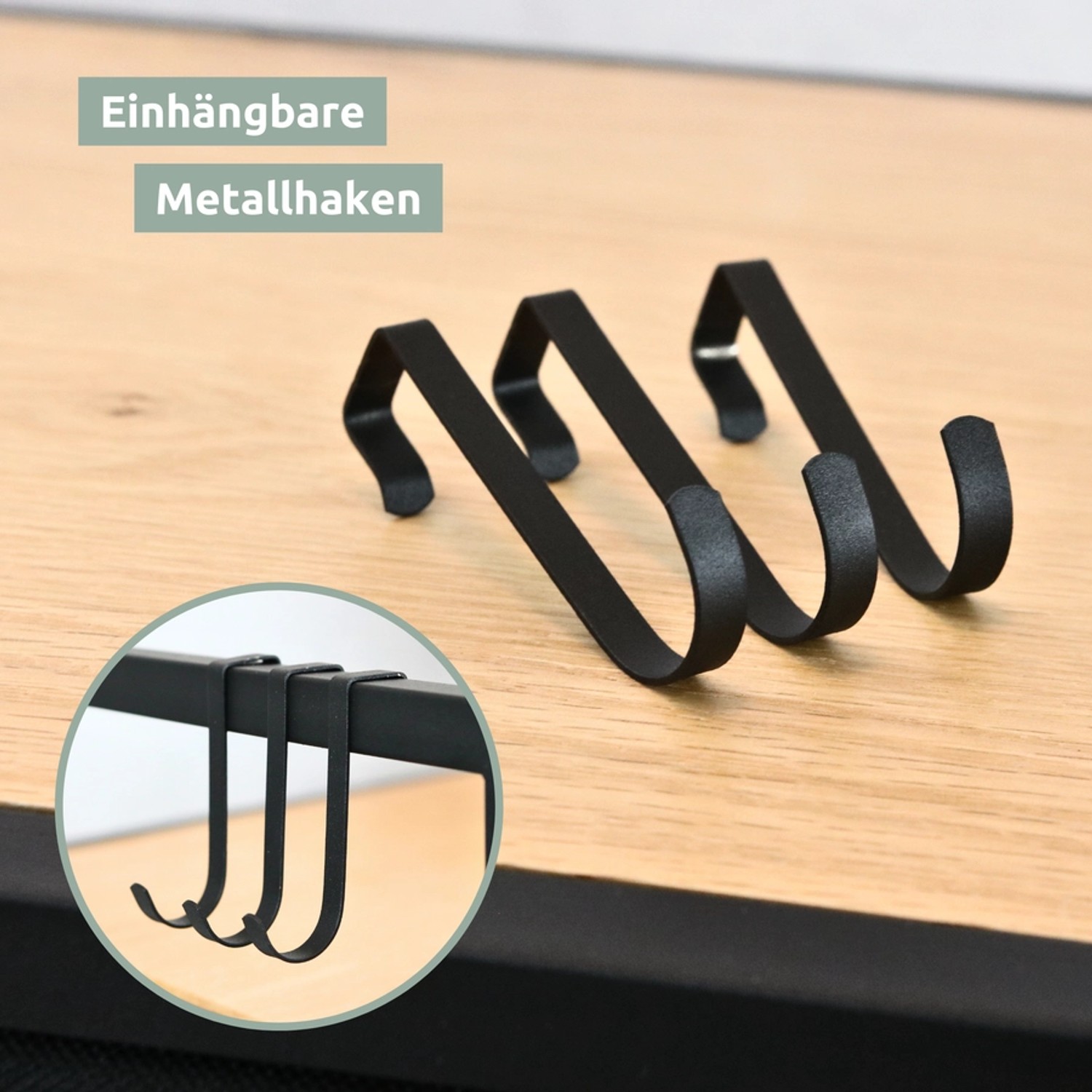 Einhängbare Metallhaken für holz4home Wäschekorb mit 2 Fächern, Detailansicht.