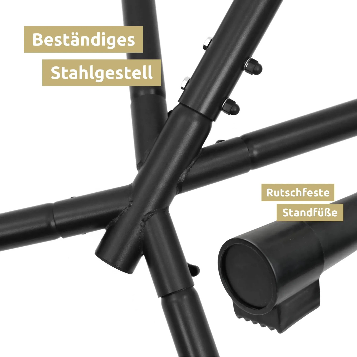 Detailaufnahme: Robustes Stahlgestell und rutschfeste Füße des deluxe4home Hängesessels.