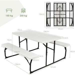 Costway Klappbarer Picknicktisch, 136 cm, weißes Campingtisch-Set für 4-6 Personen.