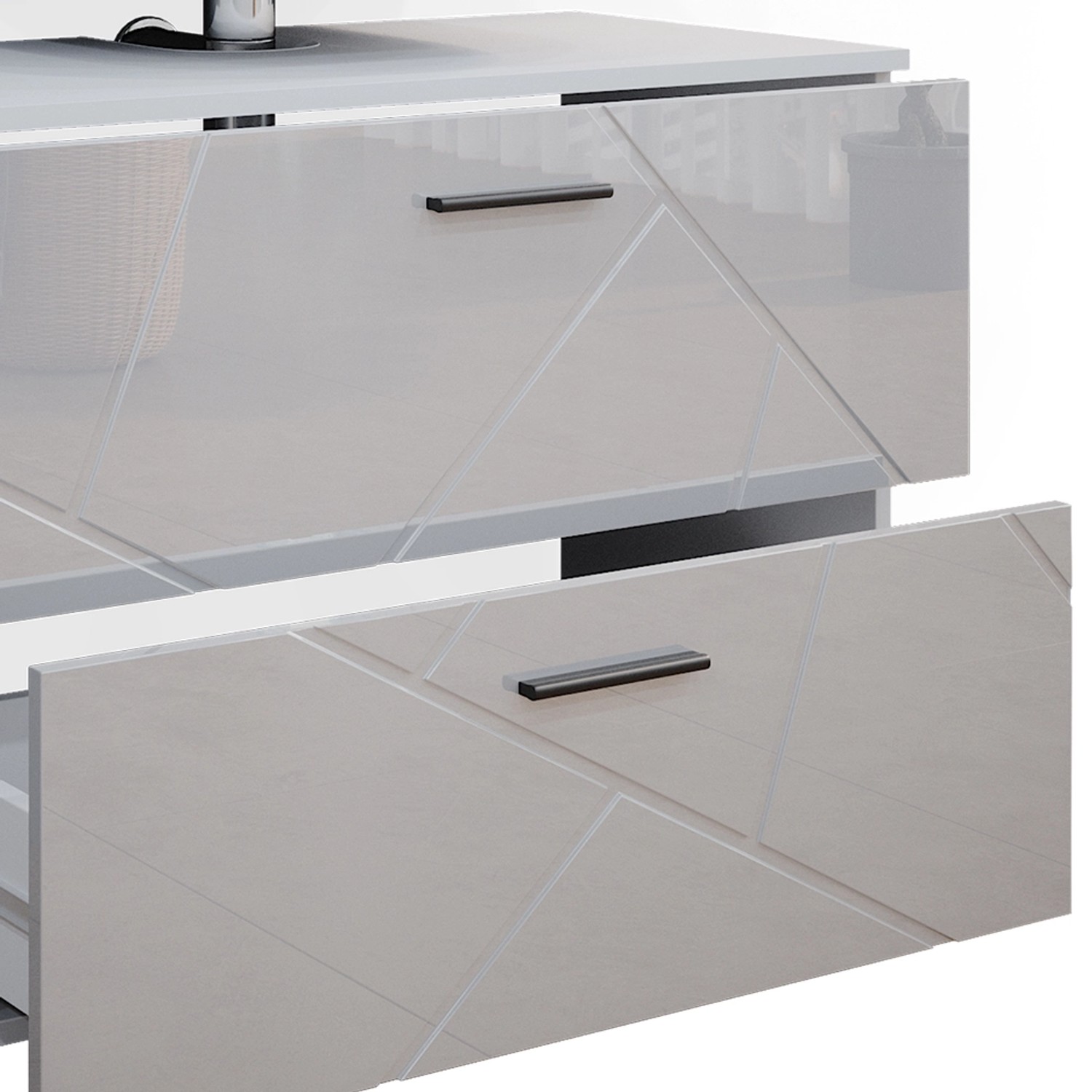 Detailansicht: Vicco Badmöbel-Set Irma, weiß hochglanz, mit Schubladen und modernen Griffen.