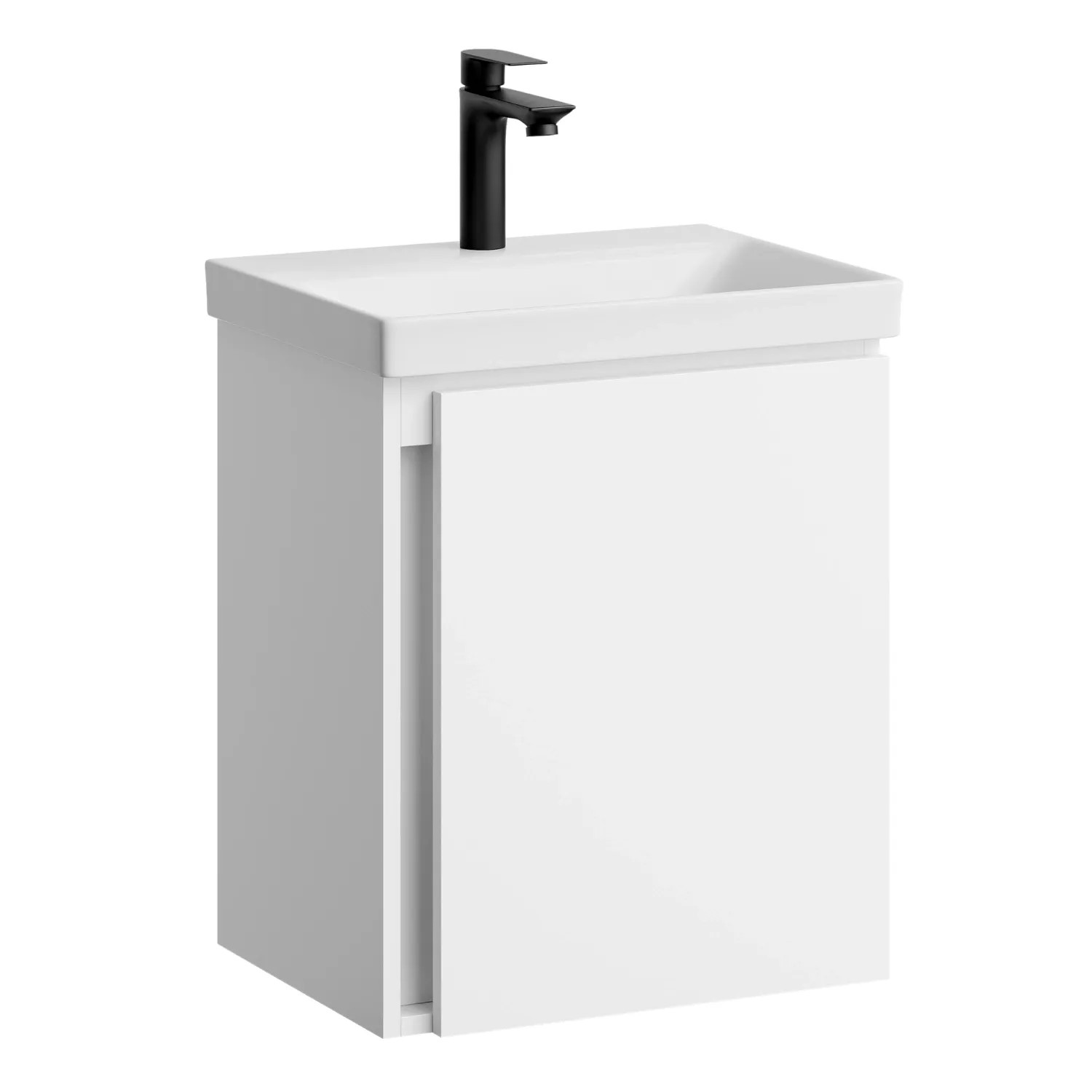 Planetmöbel Waschtischunterschrank 50 cm Weiß mit Keramikwaschbecken Armatur Schwarz Soft Close