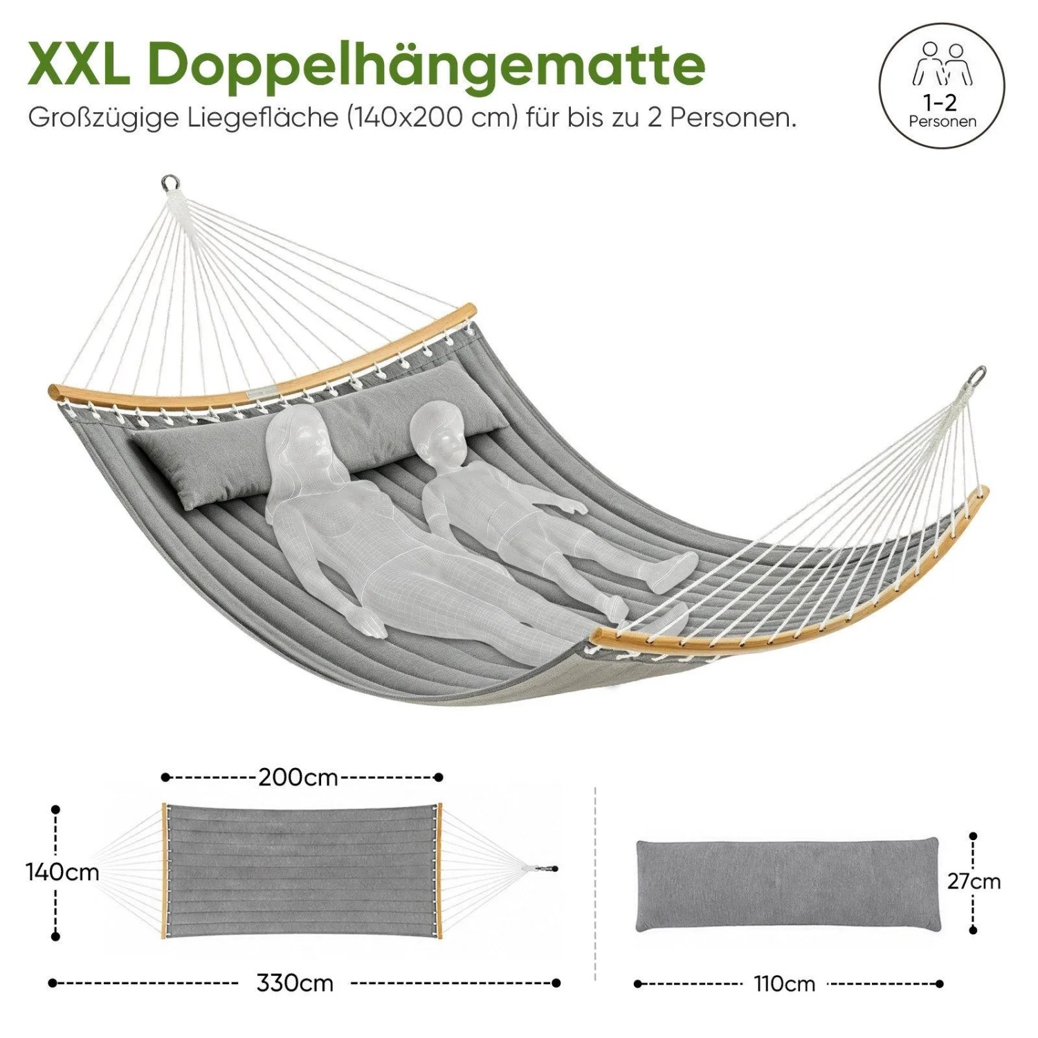 Graue, gepolsterte XXL Doppelhängematte mit Kissen und Bambus-Spreizstäben für 2 Personen. Ideal für Garten & Balkon.