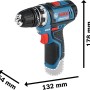 Bosch Professional Akku-Bohrschrauber GSR 12V-15 FC mit Aufsatz und Maßangaben.