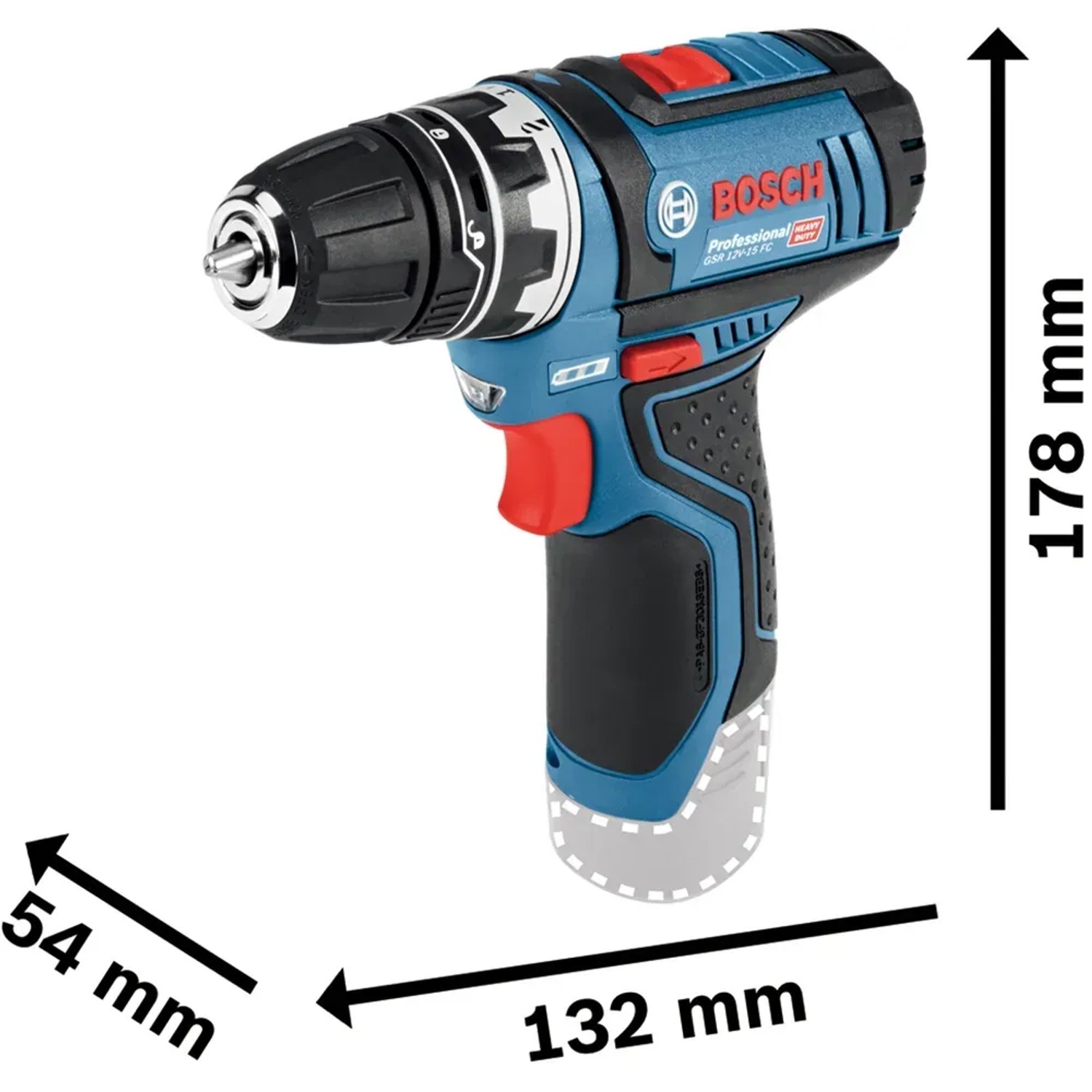 Bosch Professional Akku-Bohrschrauber GSR 12V-15 FC mit Aufsatz und Maßangaben.