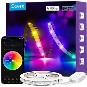 Govee RGBIC LED-Leuchtstreifen 5m (H618A) mit App-Steuerung, verschiedenen Farben und Zubehör.