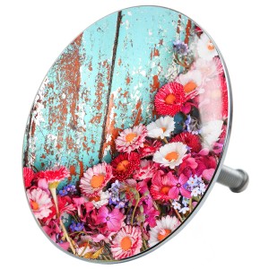 Sanilo Badewannenstöpsel Spring mit Blumenmuster und blauem Holzdekor.
