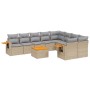 Beige 10-tlg. vidaXL Garten-Sofagarnitur aus Rattan mit hellgrauen Kissen und Akazienholz-Tisch.