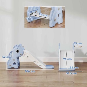 Blaue AIYAPLAY Kinderrutsche mit Basketballkorb, Maße eingeblendet.