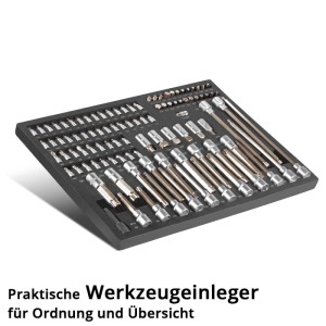 STAHLWERK Werkstattwageneinlage mit 102-teiligem Bit- und Steckschlüsselsatz in Schaumstoffeinlage.