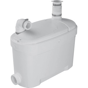 Setma Watermatic 2 Kleinhebeanlage, weiße Kunststoff-Pumpe mit Anschlüssen.