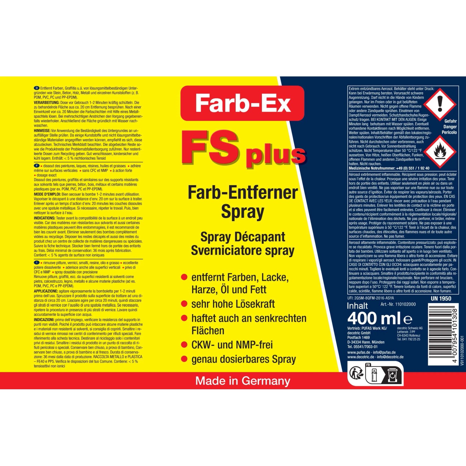 Decotric Farb-Ex Plus Spray, 400ml. Farb-Entferner für Lacke, Öl & Fett. Hohe Lösekraft, haftet an senkrechten Flächen.