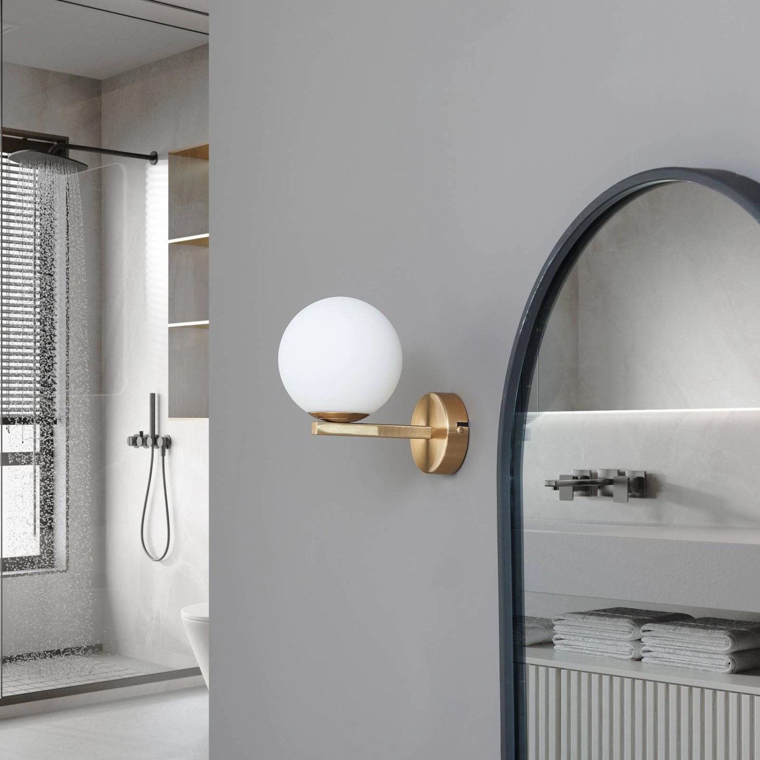 Lucande Wandleuchte Wandlampe Bad Bidolo 10020143 Spritzwassergeschützt in Gold Messing aus Metall 1-flammig G9 Badezimmerleuchte_4