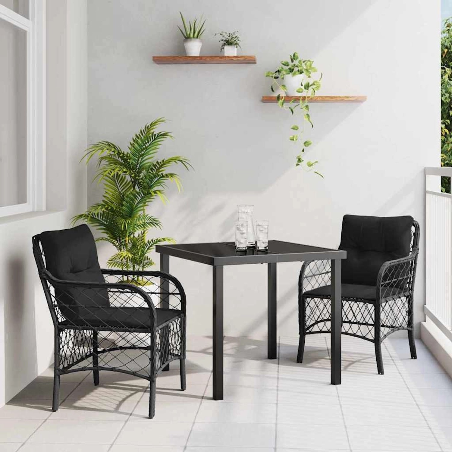 Schwarze 3-teilige Garten Essgruppe aus Poly Rattan mit Kissen von vidaXL.