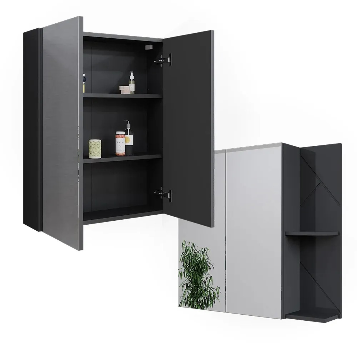 Vicco Badspiegelschrank Irma, anthrazit hochglanz, 80x75 cm, mit offenen Fächern und Spiegel.