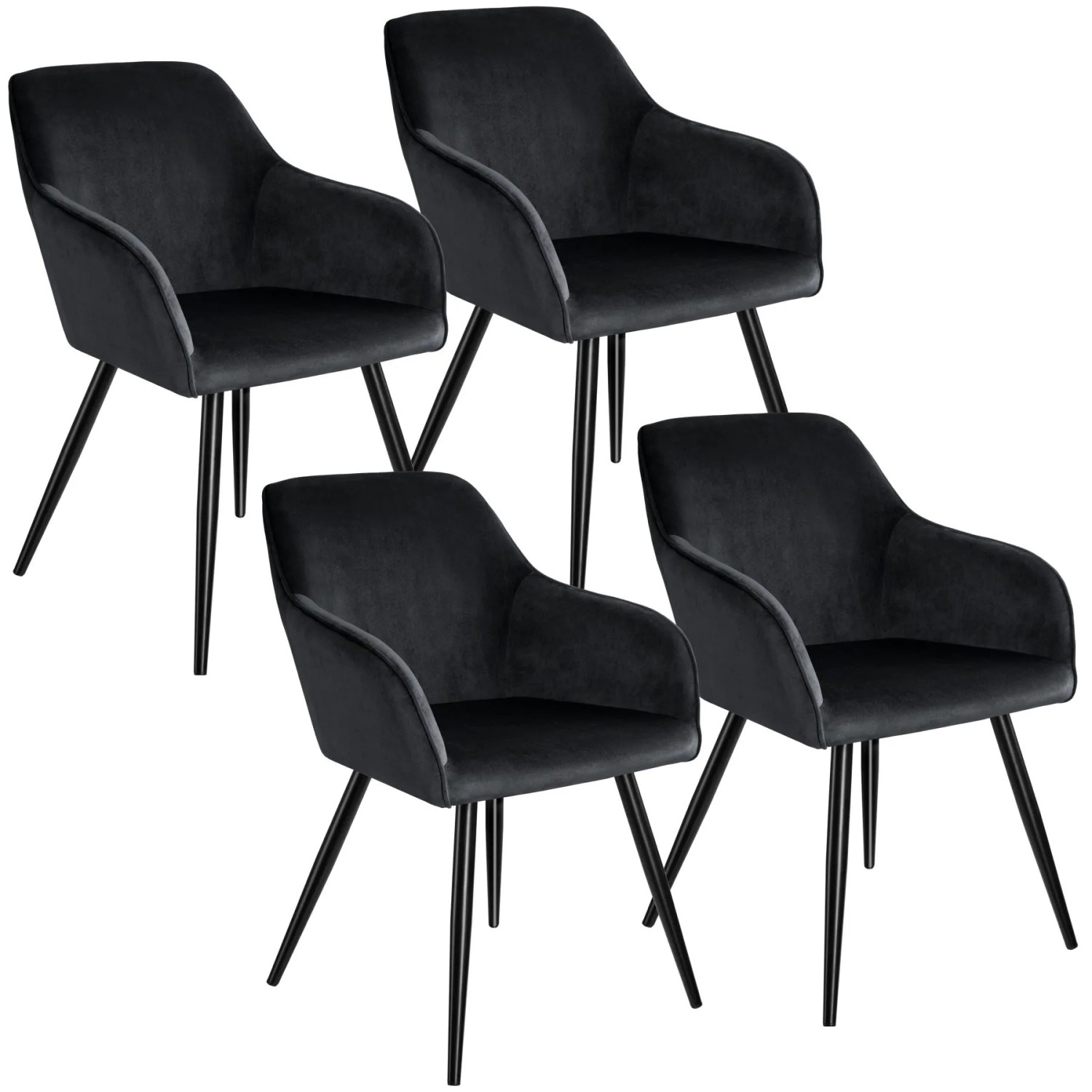 Tectake Esszimmerstuhl Marilyn Gepolstert  In Samtoptik Durchgehende Lehne 4Er Set 62 x 58 x 82 cm Schwarz