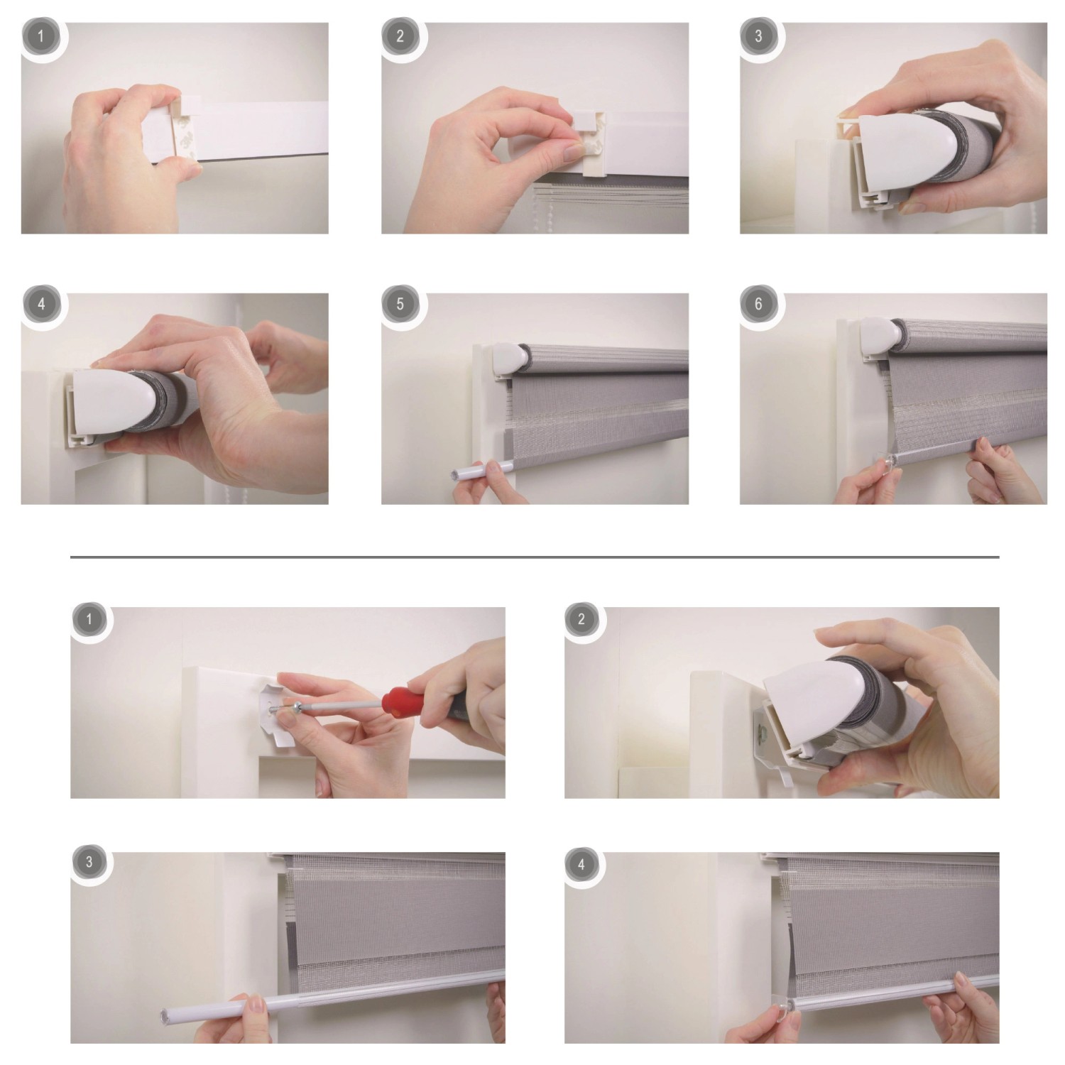 Montageanleitung: Sol Royal Doppelrollo SolDecor DL2, weiß, für Fenster ohne Bohren.