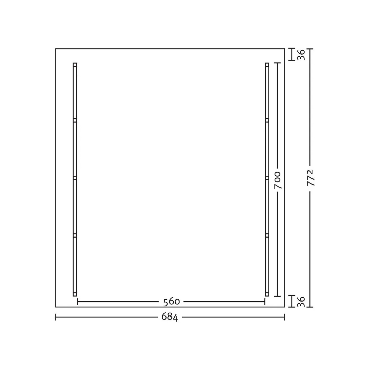 Skizze Skan Holz Doppelcarport Schwarzwald mit Maßangaben (684x772cm) für Planung.