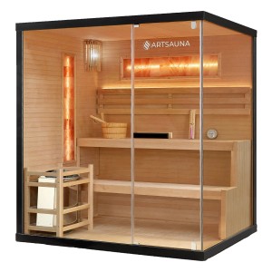 Artsauna Vantaa Sauna 175x140cm mit 8kW Ofen, Hemlockholz, Glasfront, Salzsteine und Zubehör.