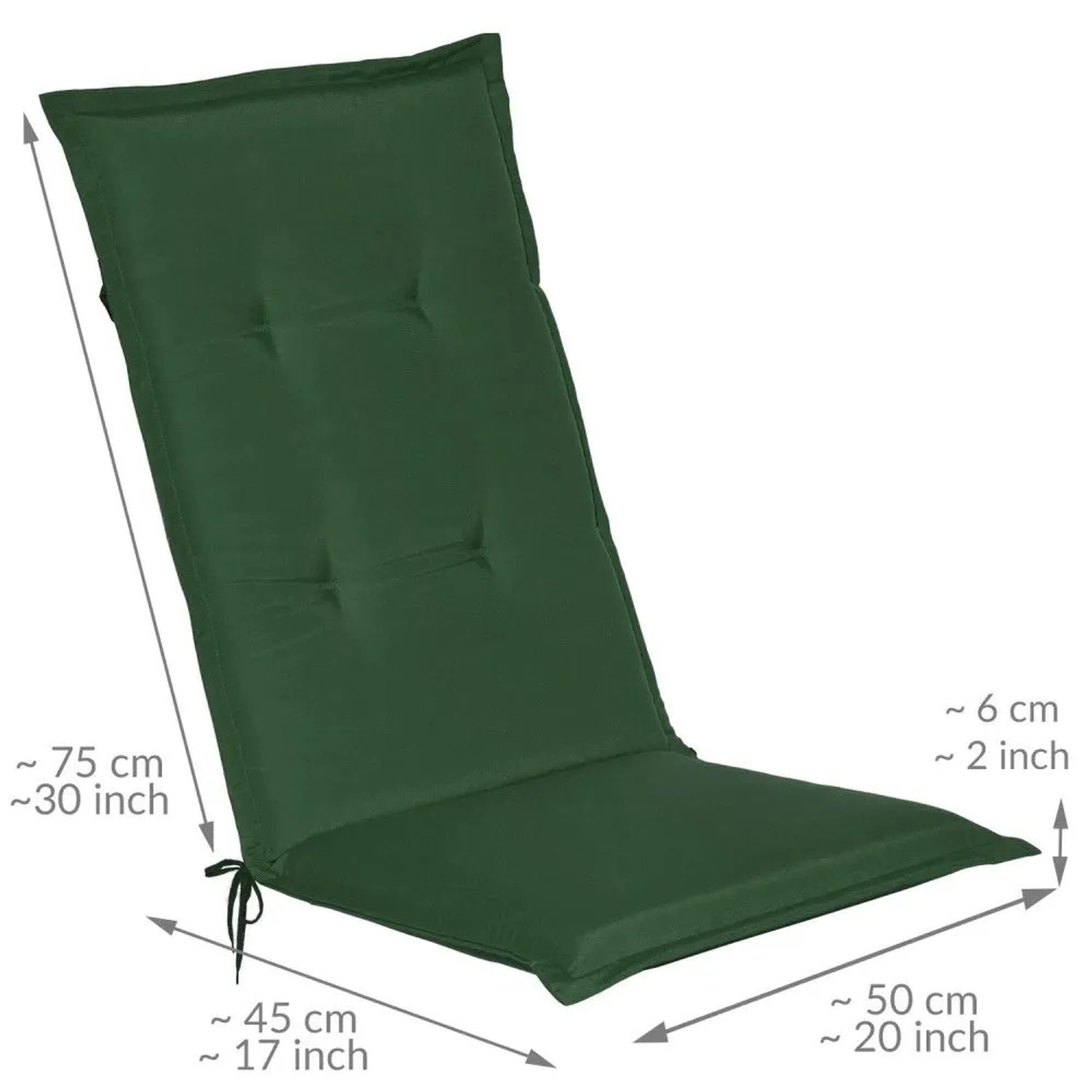 Dunkelgrüne Hochlehner Auflage 120x50x6cm mit stilvollen Heftungen und Befestigungsschnüren für Gartenstühle.
