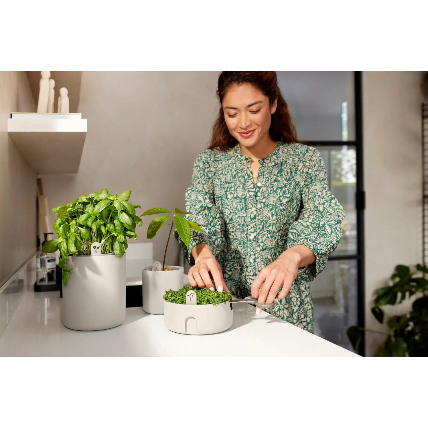 Elho Topf Magic Microgreens, Leinenweiß, mit Frau beim Ernten von Microgreens.
