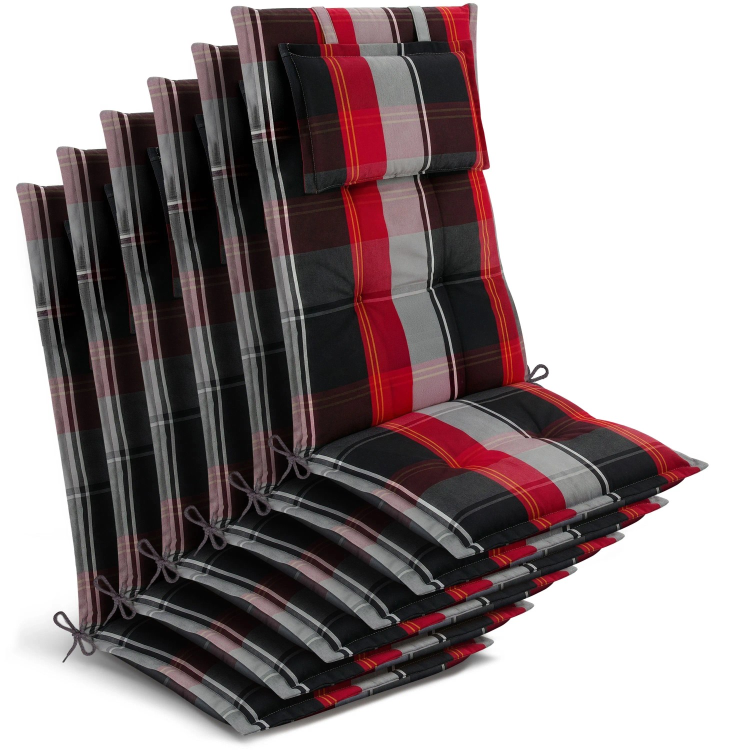 Beautissu 6x Gartenstuhlauflage Hochlehner 120x50x7cm Schwarz-Rot-Weiß-Kariert