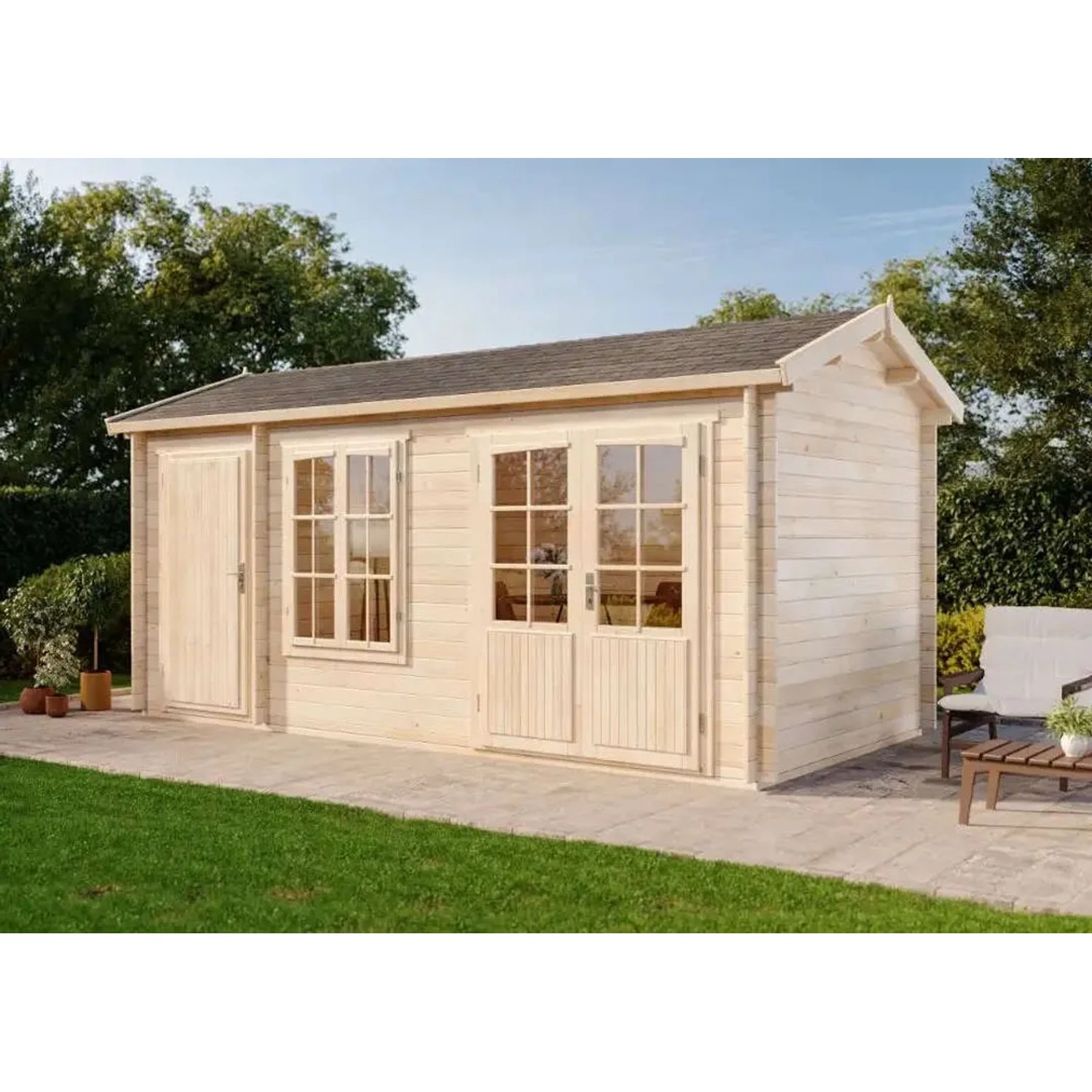 Unbehandeltes Alpholz Gartenhaus Bolton 28 XL mit Anbaudach, 540x280 cm.