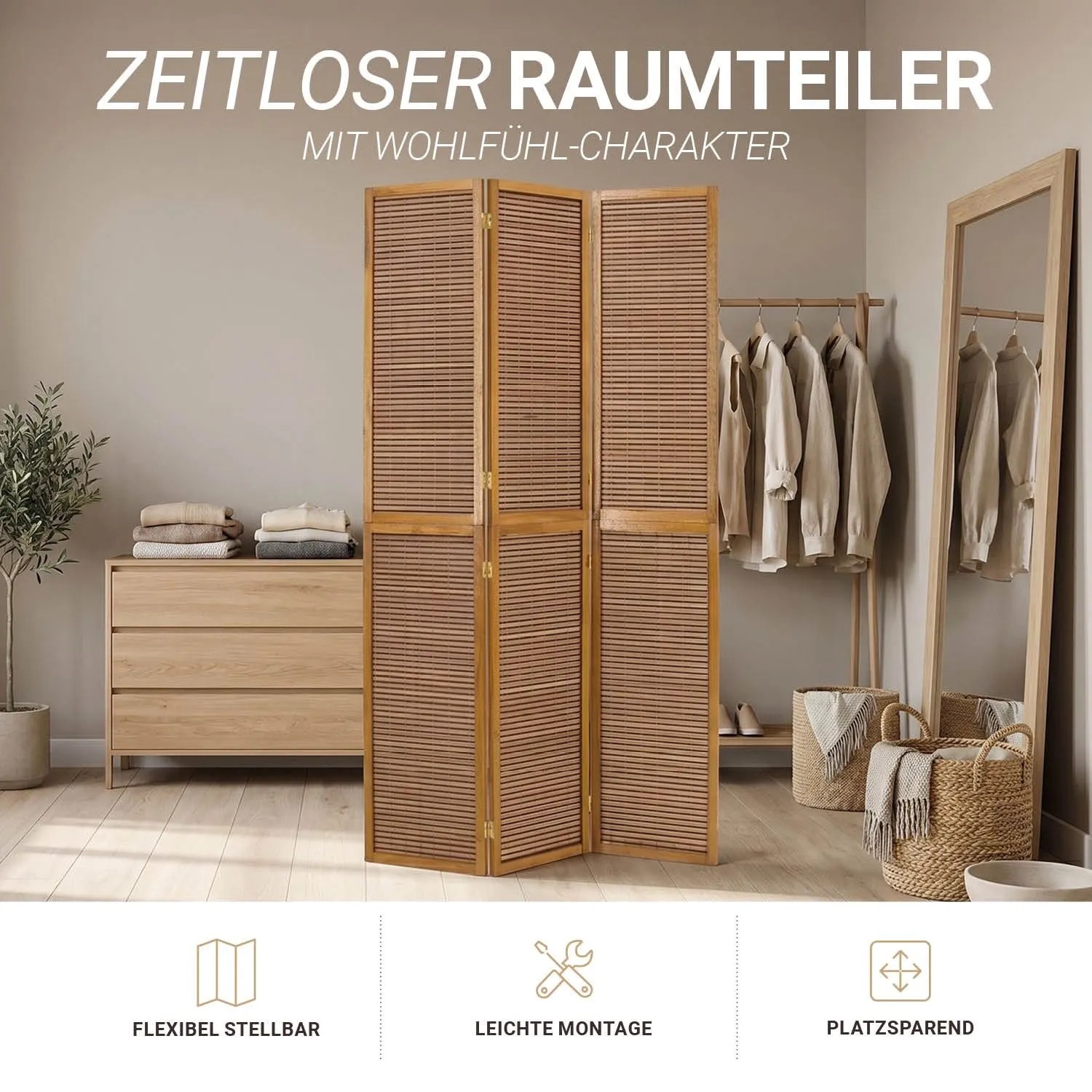 Brauner 3-teiliger Paravent aus Holz und Bambus als Raumteiler. Faltbarer Sichtschutz für Wohnbereiche.