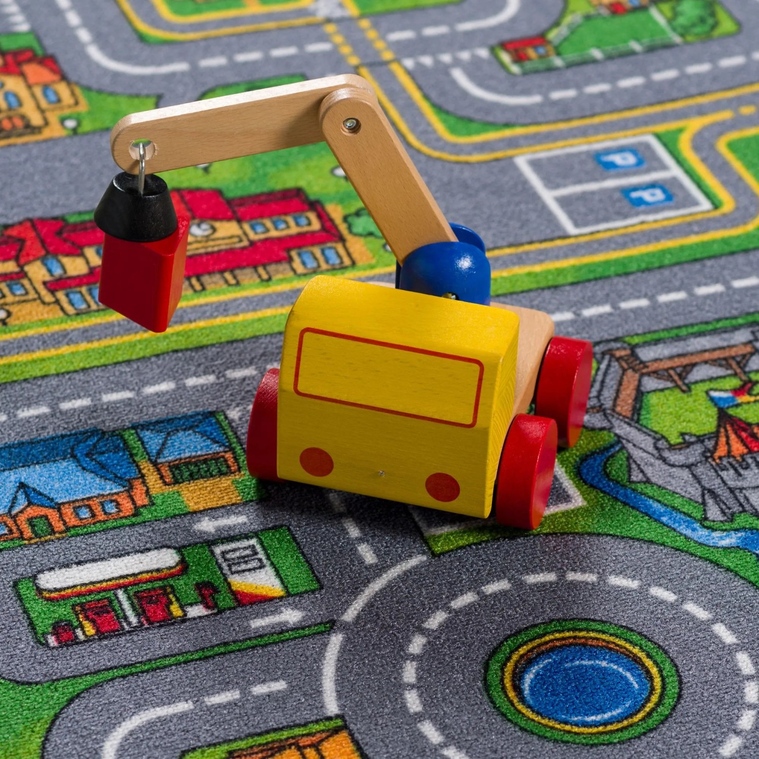 Bunter Snapstyle Kinder Spielteppich Abenteuerland 200x300cm mit Spielzeugbagger.