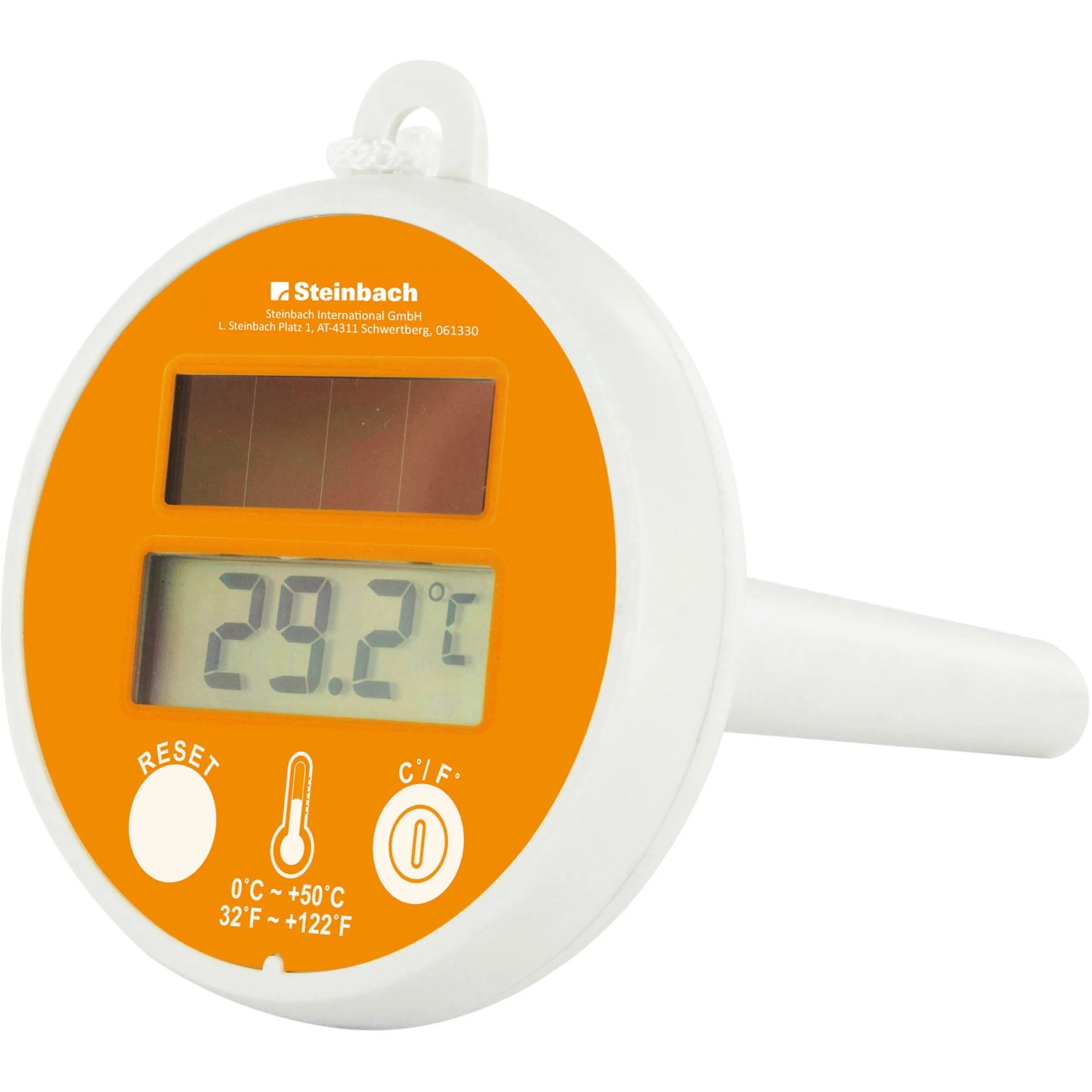 Schwimmendes Steinbach Digitalthermometer mit Solarpanel zur Pool Temperaturmessung.