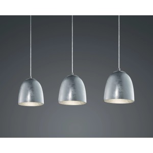 Dreiflammige Trio Pendelleuchte Ontario in Silber mit Opalglas-Schirmen.