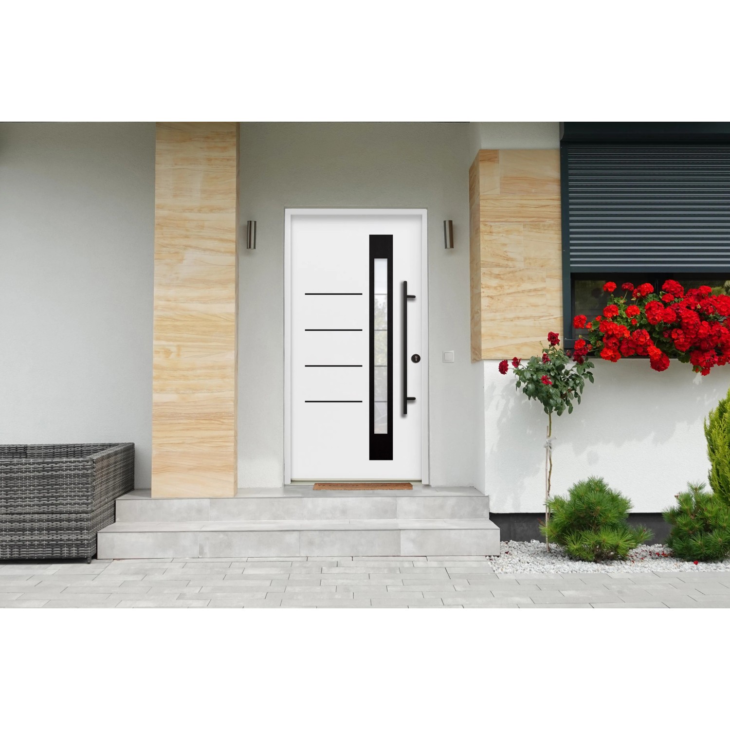 Moderne, weiße Splendoor Haustür Berlin Prime mit schwarzen Akzenten und Edelstahlgriff.