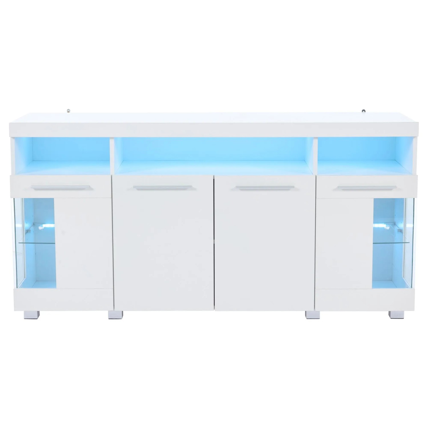 ModernLuxe Sideboard mit Led Beleuchtung 4 Türen 3 Hartglasfächern MDF Weiß