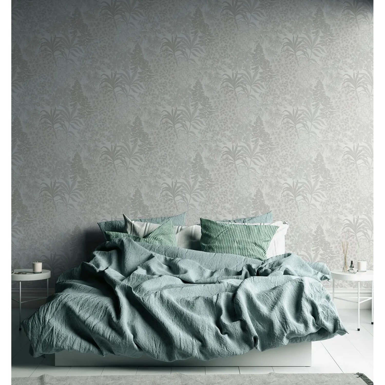 A.S. Création Vliestapete Blätter grau-weiß im Schlafzimmer.