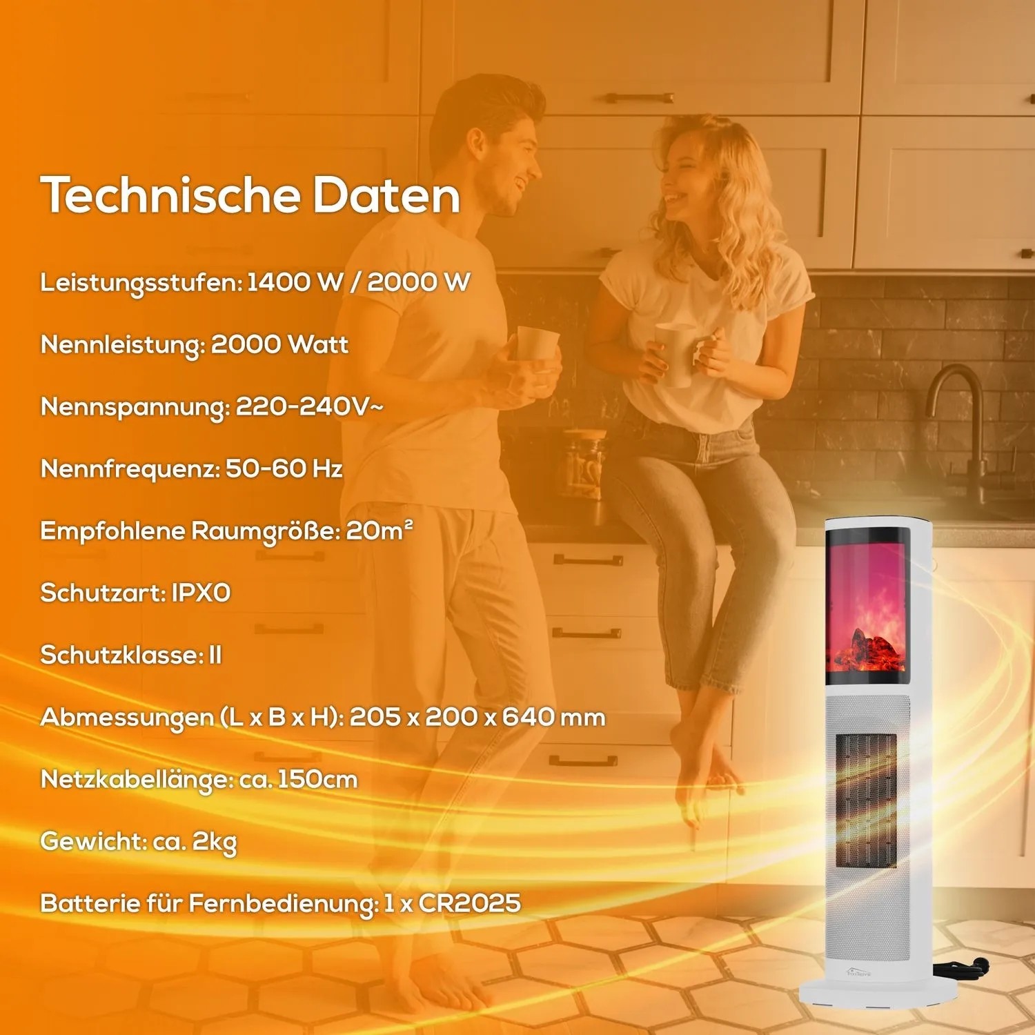 Weißer TroniTechnik Turmheizer mit Flammeneffekt, 2000W, im modernen Wohnraum.