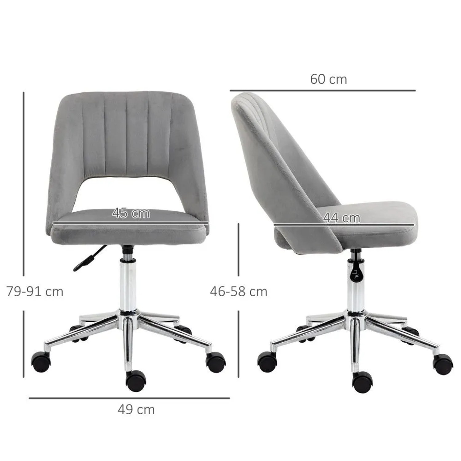 Grauer Vinsetto Schreibtischstuhl aus Samt mit Rollen, verstellbarer Höhe und ergonomischem Design. Ideal für Büro.