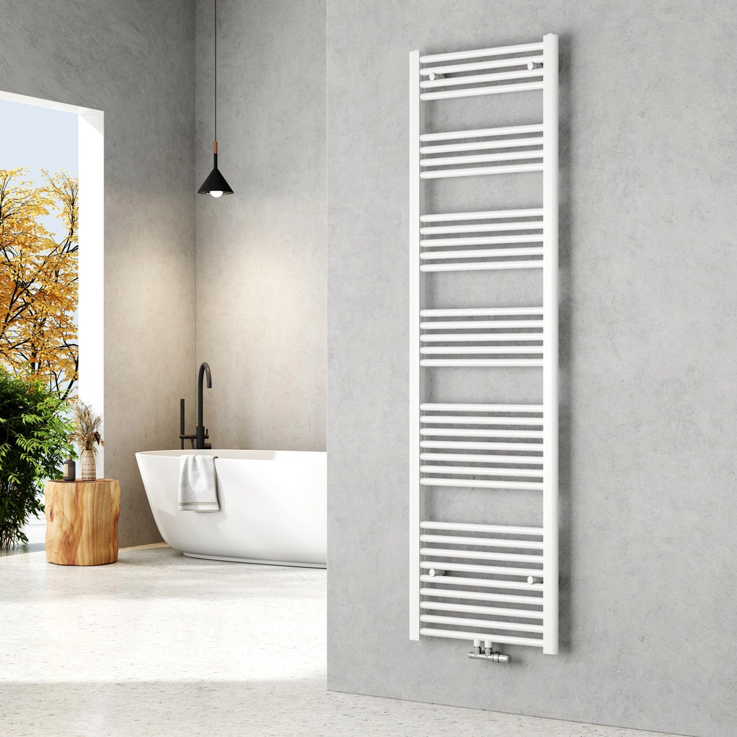 Weißer Emke Badheizkörper Handtuchwärmer (180x50cm) im modernen Badezimmer.