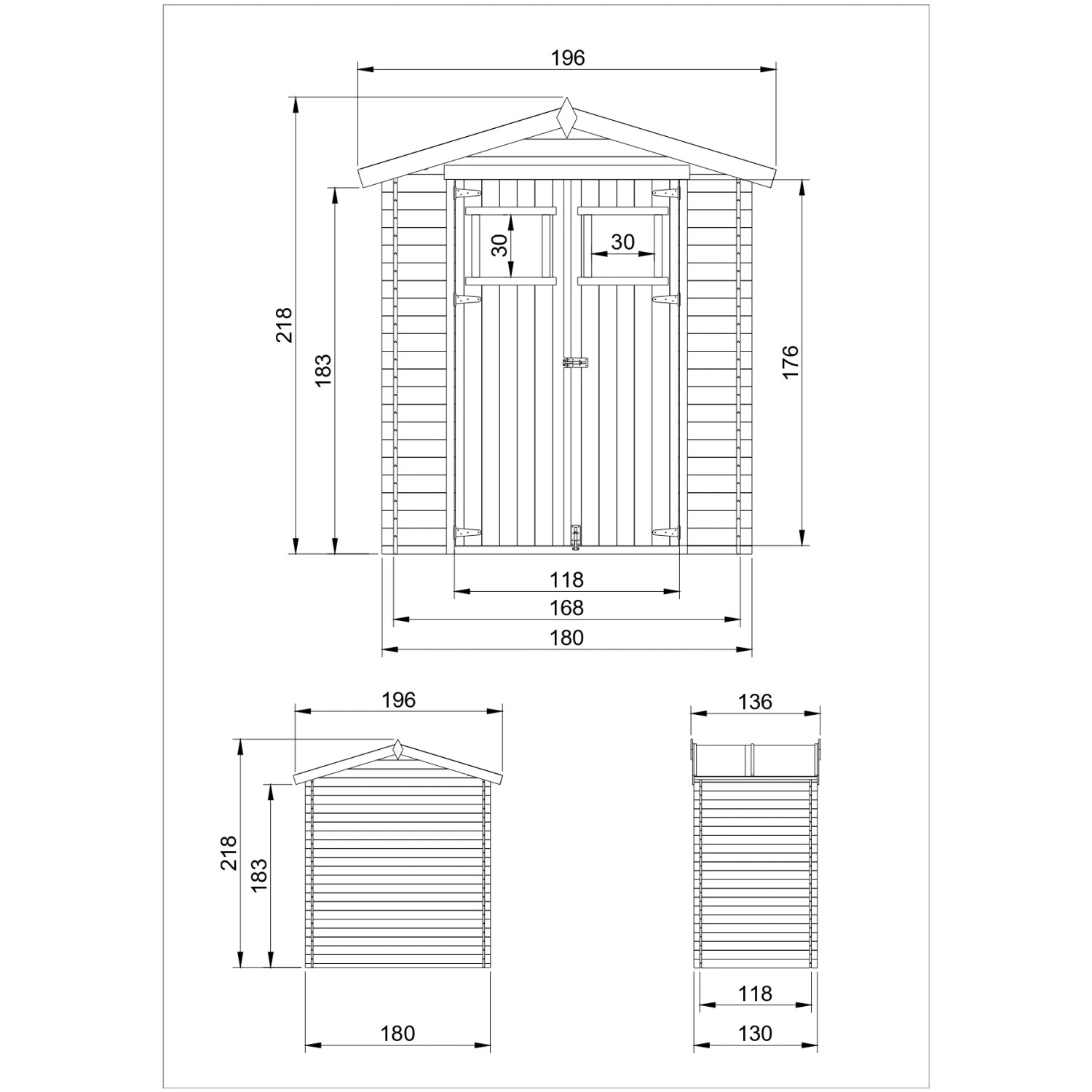 Technische Zeichnung: Timbela Gartenhaus M367+M367G, 1,98 m², mit Maßangaben.