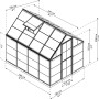 Skizze: Silbernes Palram Canopia Gewächshaus, 4,6 m², mit Maßangaben und Fundamentrahmen.
