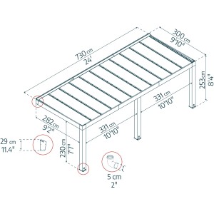 Technische Zeichnung der braunen Palram Canopia Helsinki Terrassenüberdachung (730x294cm) mit Maßangaben.