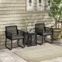 Outsunny Rattan Gartenmöbel-Set, schwarz, mit 2 Stühlen, Tisch und grauen Sitzkissen.