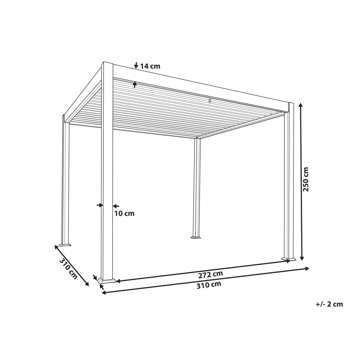 Skizze der schwarzen Beliani Gartenpergola 310x310x250 mit Maßangaben.