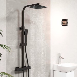 Schwarze AICA Thermostat Duscharmatur mit Regendusche und Handbrause.