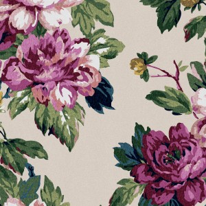 Bunte Joules Vliestapete Invite Floral mit Rosen und Blättern auf beigem Grund.