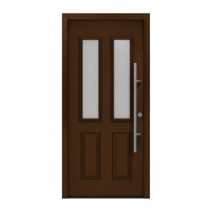 EcoStar Haustür Isopro Secur IPS 410S, terrabraun, mit zwei Glaseinsätzen und Edelstahlgriff.