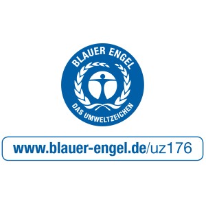 Blauer Engel Siegel mit stilisierter Person und Lorbeerkranz, Link zur Webseite.