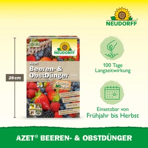 Neudorff Azet Beeren- und Obst-Dünger 2,5kg Packung mit Erdbeeren, Himbeeren und Blaubeeren.